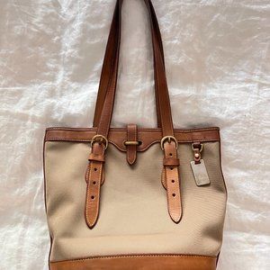 Vintage Dooney and Bourke Tan Cabriolet Canvas and Leather Shoulder Bucket Bag